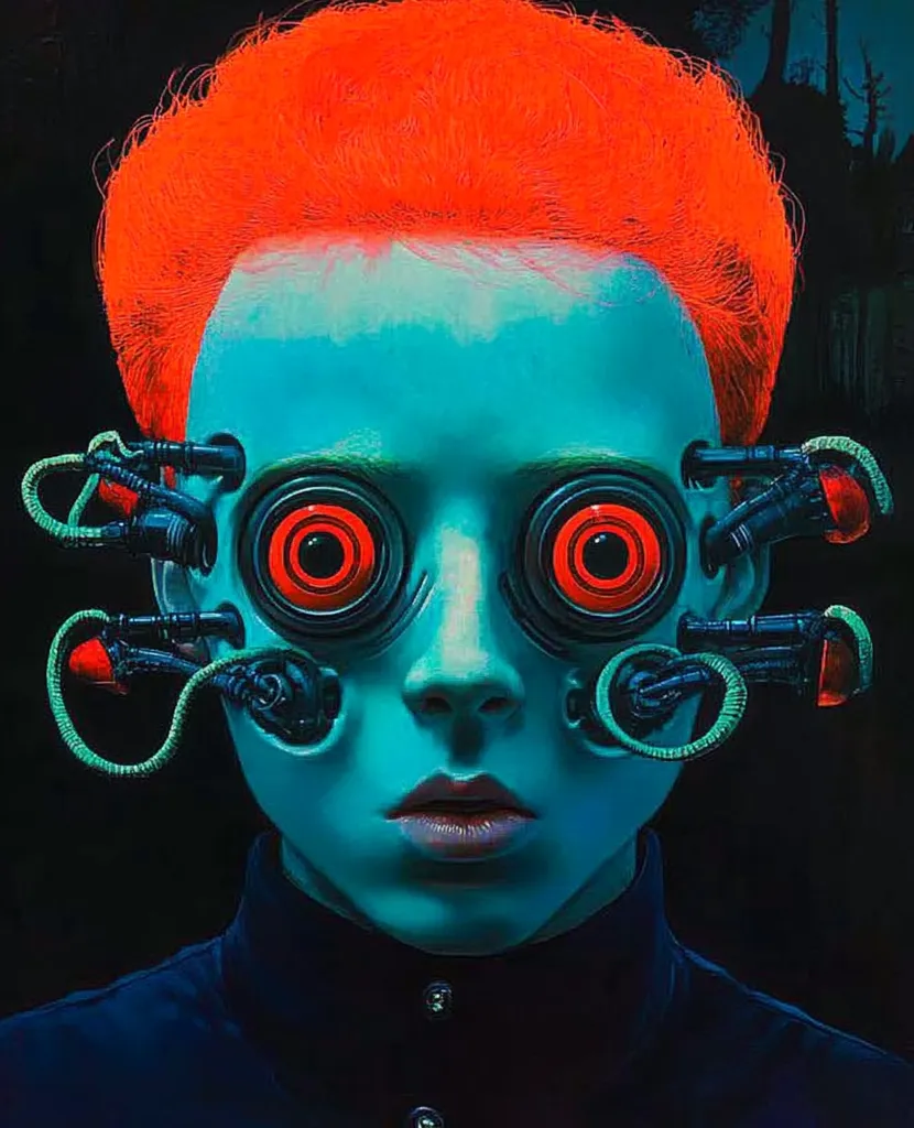 The image is a stylized portrait of a person with bright orange hair, a teal face, and large, round, red-ringed eyes.  Mechanical devices, resembling cybernetic implants, are attached to the sides of their head, connected by green tubing. The overall aesthetic is dark, futuristic, and somewhat unsettling, suggesting a blend of human and machine.  The expression is serious and almost melancholic.  The background is dark and indistinct.