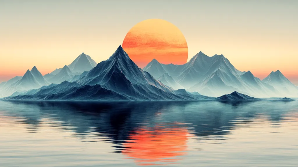 A serene landscape depicts a range of dark teal mountains reflected perfectly in a calm body of water.  A large, vibrant orange sun, seemingly oversized, dominates the horizon, casting a warm glow. The scene is tranquil and evokes a sense of peace and solitude, with soft, hazy atmospheric perspective enhancing the depth and tranquility. The overall color palette is muted and calming, emphasizing the tranquil nature of the scene.