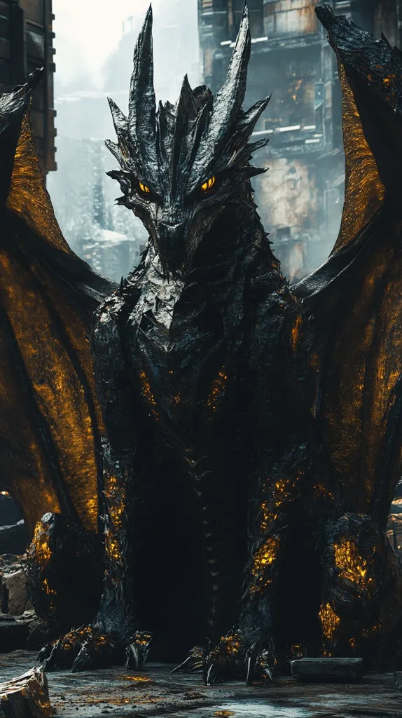 Here's a description of the image:

A majestic, dark-grey dragon dominates the foreground, its immense size emphasized by the crumbling, urban backdrop.  The dragon's scales appear rough-textured, with glowing, amber accents along its limbs and wings.  Its eyes are bright yellow, intensely focused.  The wings are partially extended, suggesting a powerful, yet potentially watchful, presence. The setting appears post-apocalyptic or fantasy-ruined, adding to the dragon's formidable aura. The overall mood is dark, yet awe-inspiring.