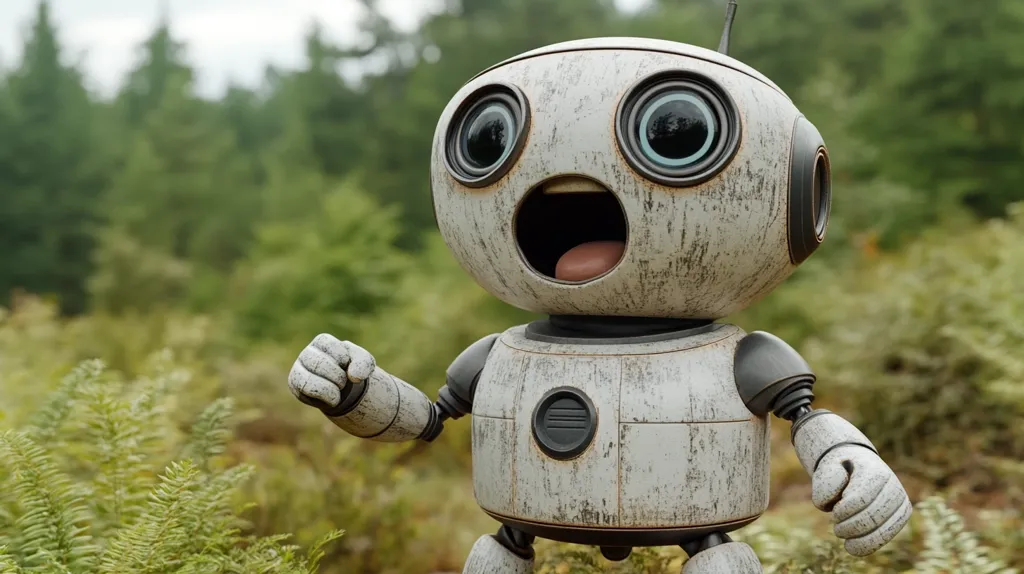 A charming, weathered robot with large, expressive eyes and an open mouth stands in a verdant forest. Its paint is chipped and worn, giving it a vintage or antique aesthetic. The robot's body is rounded, and its arms are slightly bent, suggesting movement or surprise. The background is blurred, showcasing a lush green landscape of trees and ferns, creating a contrast between the mechanical character and the natural environment. The overall impression is one of friendly curiosity and a blend of technology and nature.