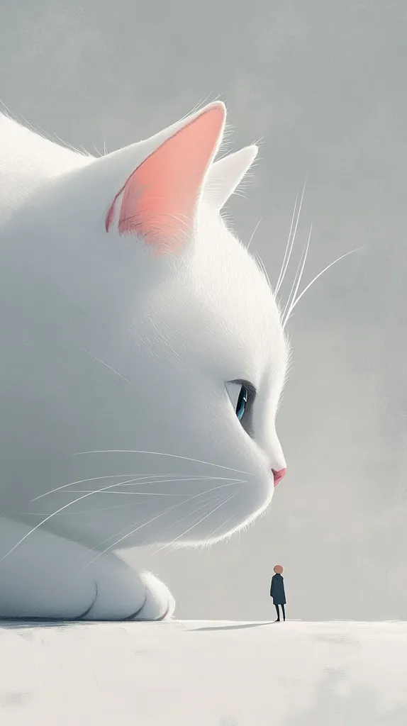 The illustration depicts a giant, fluffy white cat looming over a tiny human figure. The cat's size is exaggerated, emphasizing its immense scale compared to the person, who appears almost insignificant.  The soft, muted color palette and gentle lines create a serene, almost dreamlike atmosphere. The scene evokes a sense of wonder and perhaps a touch of vulnerability from the small person facing the enormous feline. The overall style is minimalist and evocative.