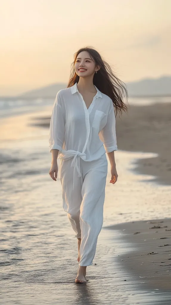A young woman with long dark hair walks along a sandy beach at sunset.  She's wearing a loose, flowing white linen shirt and pants, the fabric billowing slightly in a gentle breeze. Her joyful expression and relaxed posture convey a sense of peace and freedom. The warm, golden light of the setting sun bathes the scene in a serene, idyllic atmosphere.  The shallow water laps gently at her feet as she strolls along the shoreline.