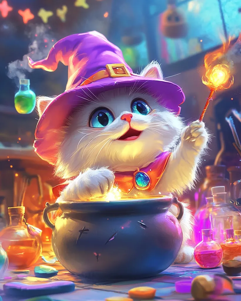 Here's a description of the image:

A charming illustration depicts a fluffy white kitten, adorned in a vibrant purple witch's hat, immersed in a magical brewing process.  The kitten, with large, expressive blue eyes, holds a glowing, fiery stick above a cauldron, seemingly stirring a potion.  Surrounding the kitten are various colorful bottles and jars, indicative of a magical laboratory. The scene is bathed in warm, magical light, creating a whimsical and enchanting atmosphere. The artwork's style is digital, with soft shading and bright, saturated colors.