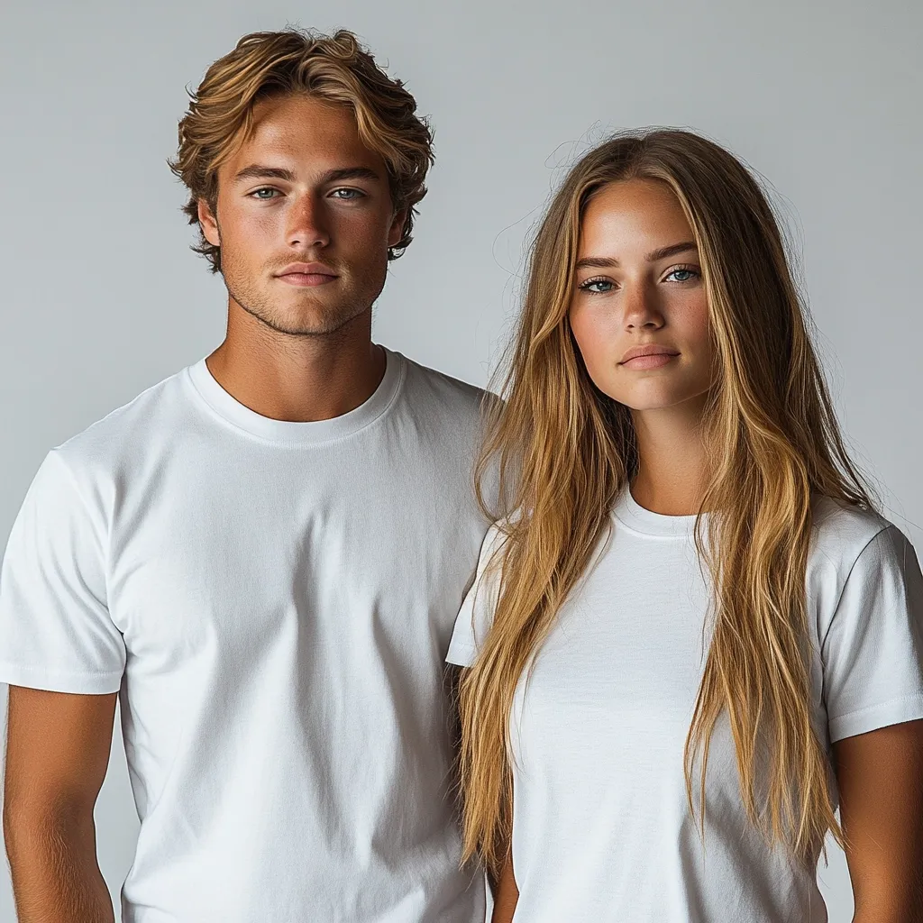 Here's a description of the image:

The photograph shows a young man and woman standing side-by-side against a plain gray background. Both are wearing simple white crew-neck t-shirts. The man has light brown, wavy hair and a tan complexion. The woman has long, flowing blonde hair and fair skin. They appear to be casually posed, looking directly at the camera with neutral expressions. The overall impression is one of clean simplicity and youthful attractiveness.