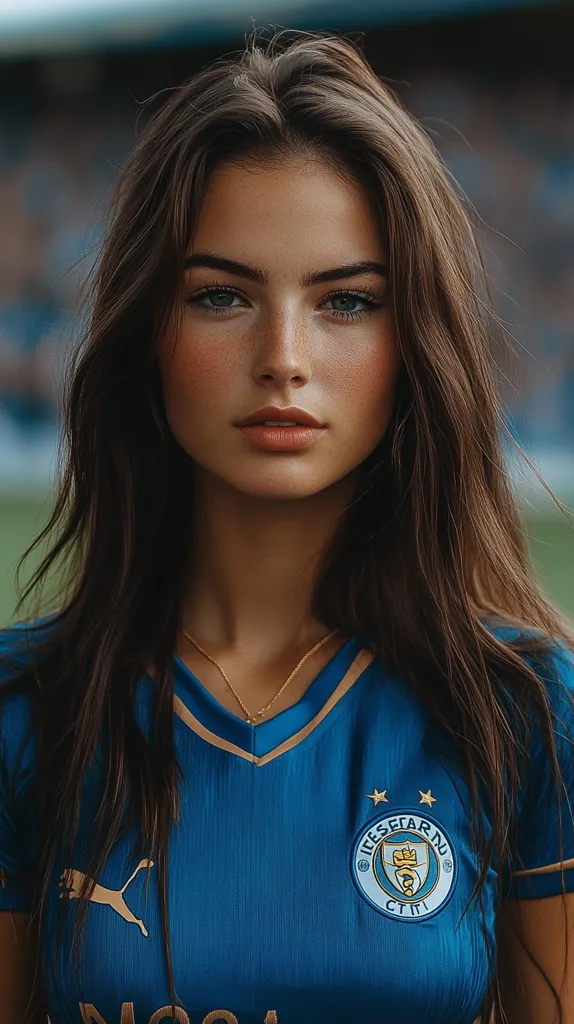 Here's a description of the image:

Close-up portrait of a young woman with long, wavy brown hair.  She has fair skin with freckles and striking blue eyes.  Her expression is serious and direct. She's wearing a royal blue soccer jersey with gold accents and a team logo featuring a crest, suggesting a possible affiliation with a sports club.  The background is blurred, hinting at a sports stadium or field. The overall style is clean, natural and slightly moody.