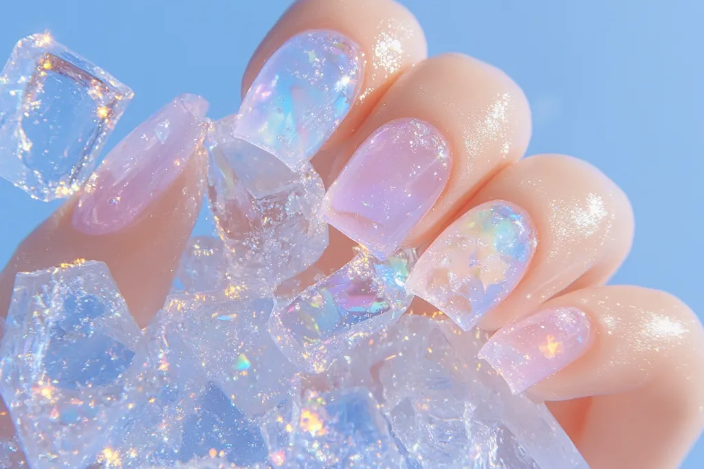 A close-up shot showcases a hand adorned with pastel-colored nails, each featuring iridescent, glittery accents.  The nails rest delicately atop a bed of translucent ice cubes, creating a cool, ethereal effect. The overall aesthetic is light, dreamy, and visually appealing, emphasizing a delicate and feminine style. The pale pink and light blue tones complement the frosty backdrop, enhancing the image's calming atmosphere.