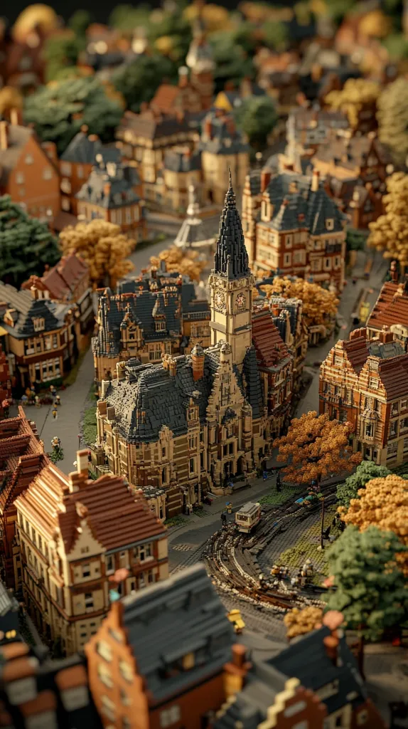 Here's a description of the image:

The image shows a meticulously detailed miniature city, crafted from LEGO bricks. The scene is dominated by a central, ornate building with a clock tower, surrounded by a collection of smaller buildings in a variety of architectural styles.  Cobblestone streets wind between the structures, which are interspersed with miniature trees displaying autumnal colors. A small, model tram is visible on a curving track. The overall impression is one of a charming, historical European town, captured with remarkable detail and precision.  The lighting emphasizes the autumnal atmosphere.