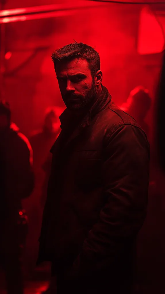 Here's a description of the image:

The image is a dimly lit, close-up shot of Chris Evans, appearing to be in a dark, possibly underground setting.  He's bathed in a dramatic, crimson red light that casts shadows on his face and obscures much of the background.  Evans, with a short, dark beard and short hair, wears a dark jacket. His expression is serious and intense. The background features blurry, indistinct figures and a red-toned ambiance, suggesting a clandestine or suspenseful atmosphere. The overall mood is dark, mysterious, and cinematic.