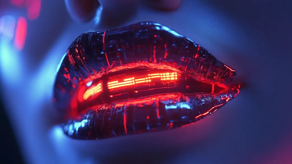 Close-up of a stylized female mouth. The lips are coated in a dark, metallic substance that seems to have a circuit board-like texture.  A bright red, digital display is embedded within the lower lip, emitting a futuristic glow. The overall aesthetic is cyberpunk, blending organic and technological elements in a dramatic, neon-lit setting with cool blue and warm red tones. The image is highly detailed and visually striking.