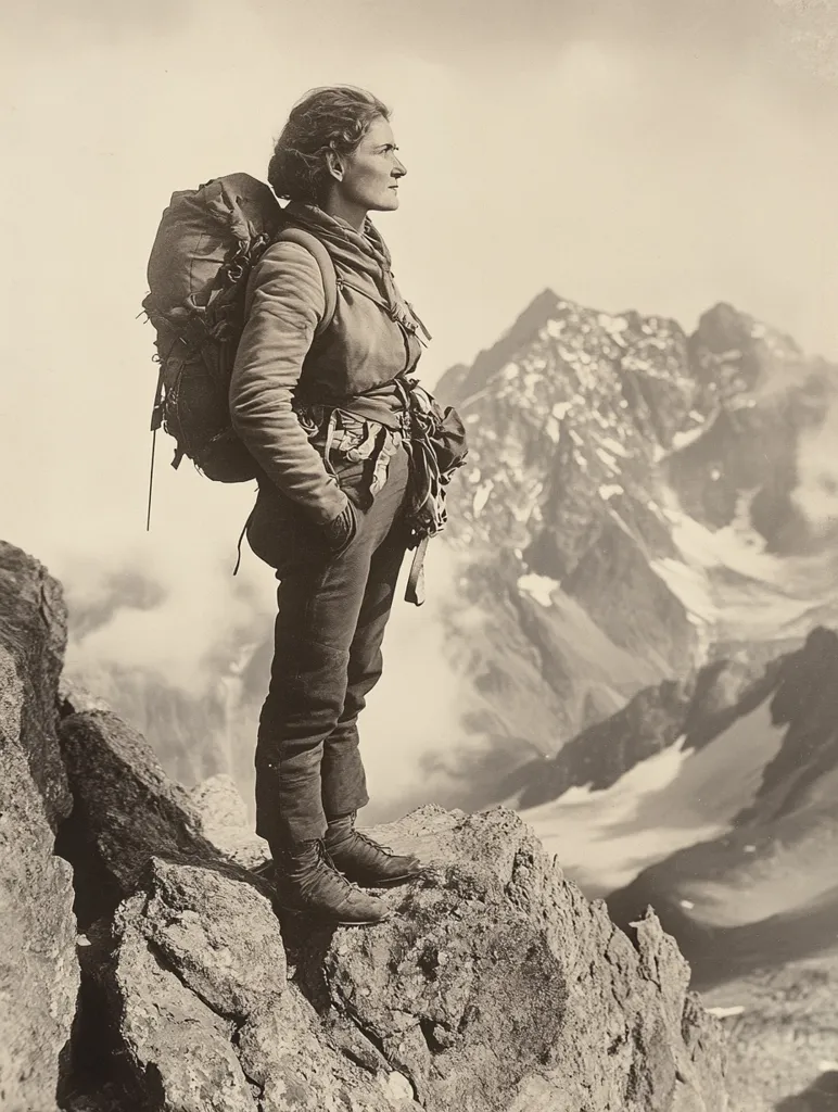 A black and white photograph depicts a woman mountaineer standing on a rocky precipice, gazing at a vast, snow-capped mountain range. She is equipped with a large backpack and climbing gear, her attire suggesting a rugged, cold environment. The image captures a sense of solitude and adventure, showcasing both the harsh beauty of the mountains and the determination of the climber. The stark contrast between light and shadow enhances the dramatic landscape.  The photo has a timeless quality, suggestive of early 20th-century mountaineering.