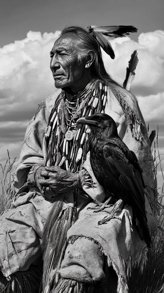 A black and white portrait captures an elderly Native American man, adorned in traditional attire, including a feathered headdress and beaded necklace.  He sits calmly, cradling a large black raven on his lap. The man's weathered face and the bird's stillness convey a sense of quiet dignity and connection with nature. The cloudy sky forms a dramatic backdrop to this powerful image.