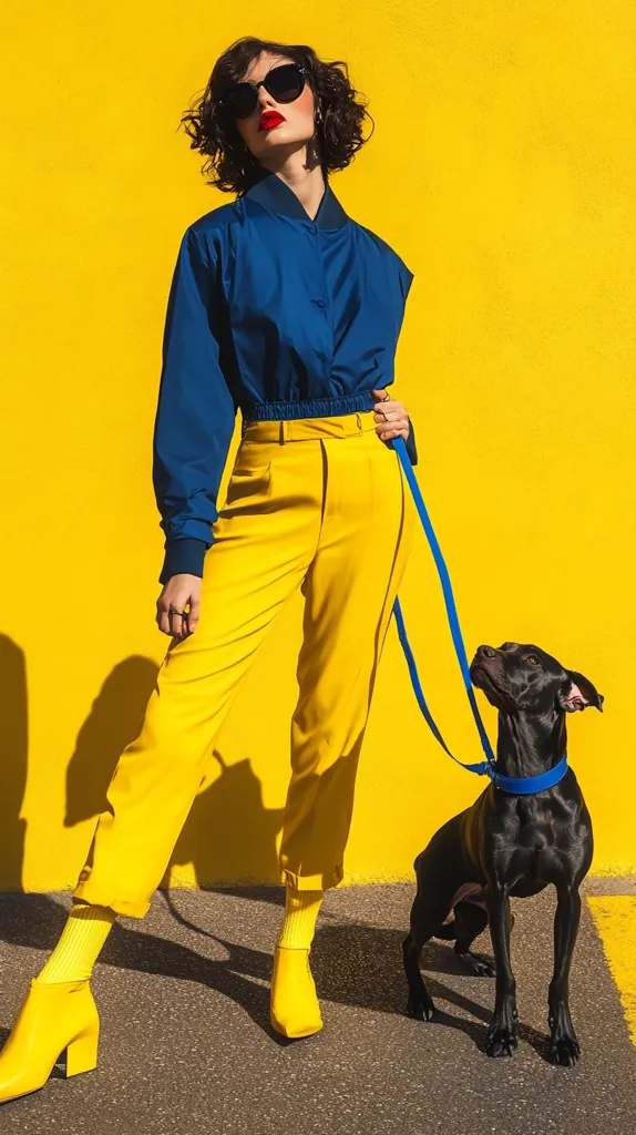 A stylish woman with short, dark curly hair and sunglasses poses against a vibrant yellow wall. She's dressed in a dark blue cropped bomber jacket and bright yellow high-waisted trousers, paired with yellow heeled boots and socks. A black dog on a blue leash sits calmly beside her. The overall image is bold and color-coordinated, showcasing a fashionable, confident aesthetic. The strong sunlight casts shadows, adding depth to the scene.