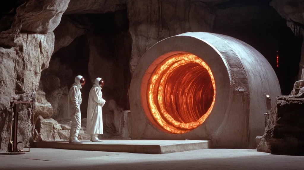 The image depicts two astronauts in white suits standing before a large, cylindrical structure in a cavernous, rocky setting.  The cylinder's interior glows with intense orange light, suggesting a furnace or high-temperature process. The astronauts' posture is attentive, their gazes directed toward the glowing aperture. The scene evokes a sense of mystery and perhaps a scientific or technological marvel within a harsh, subterranean environment.  The overall mood is one of both awe and potential danger.