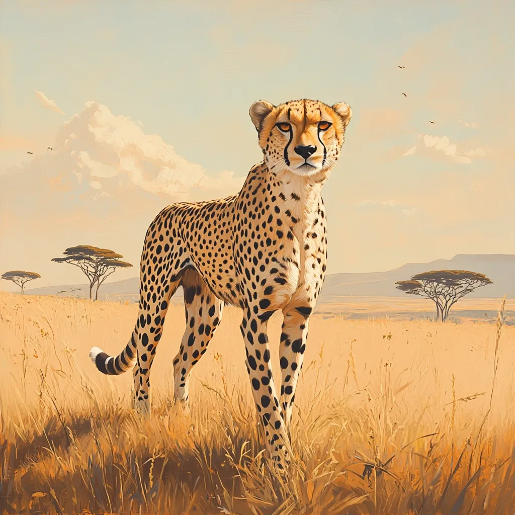 A cheetah stands alert in tall, golden savanna grass.  Its spotted coat contrasts sharply against the muted tones of the landscape.  Distant acacia trees dot the horizon under a pale, hazy sky.  The cheetah's gaze is direct, conveying a sense of quiet intensity and wild beauty. The overall impression is one of serene power and the vastness of the African plains.  A few birds are visible in the sky.