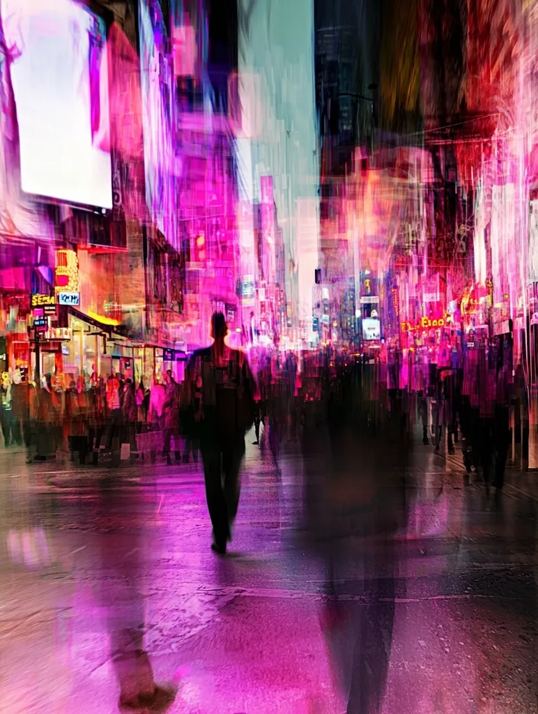 A vibrant, abstract image depicts a bustling city street at night, awash in neon pink and purple hues.  The scene is a blur of motion, with figures appearing as indistinct shapes moving through a kaleidoscope of light and color from bright billboards and city lights. A solitary figure, silhouetted in the center, walks purposefully through the dynamic crowd, creating a sense of both anonymity and individual presence within the urban chaos. The overall impression is one of energetic movement and vibrant urban energy.