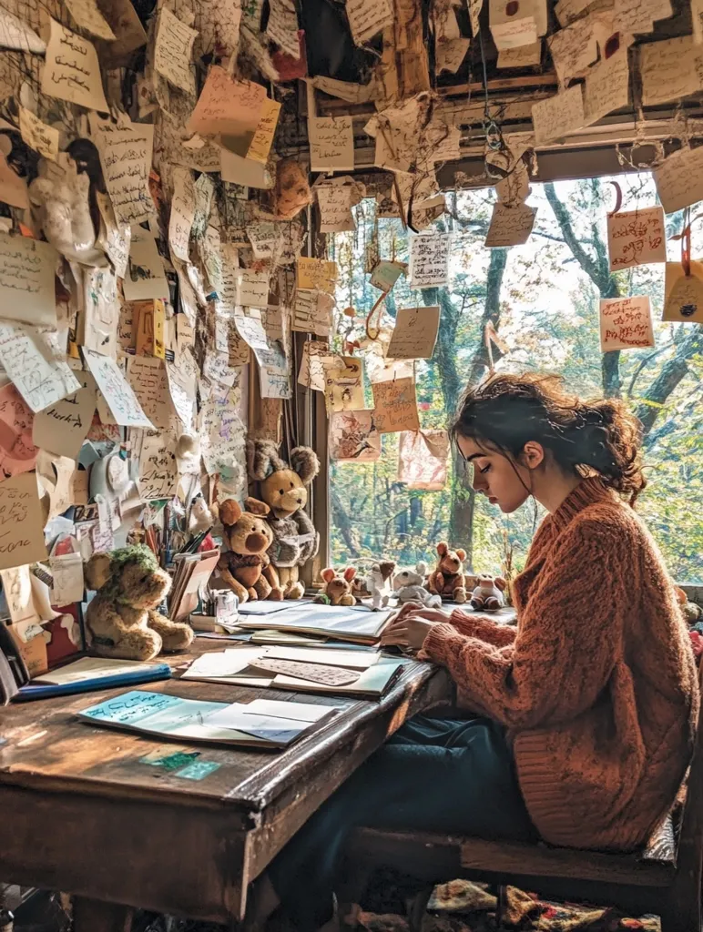 A young woman sits at a rustic wooden desk, bathed in natural light from a large window overlooking autumnal trees.  The walls and ceiling are densely covered in handwritten notes and mementos, creating a cozy, cluttered atmosphere.  Several stuffed teddy bears are arranged on the desk and nearby. She is engrossed in writing, surrounded by papers and books, in a scene evoking creativity and introspection. The overall aesthetic is warm, nostalgic, and slightly bohemian.