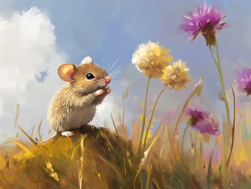 A charming painting depicts a small, light brown mouse perched atop a tuft of golden grass.  Its paws are clasped together, and it gazes towards several wildflowers.  The flowers include fluffy, pale yellow blooms and vibrant purple thistle-like blossoms. The background is a softly painted sky with fluffy white clouds. The overall style is impressionistic, with visible brushstrokes contributing to a dreamlike, whimsical feel.