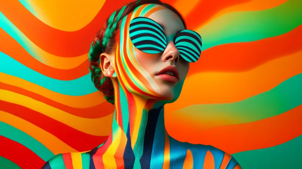 Here's a description of the image:

The image showcases a striking portrait of a woman against a vibrant backdrop of swirling, multicolored stripes in shades of orange, teal, and yellow. Her body is painted with similar colorful stripes, creating a seamless blend with the background.  She wears large, teal and black striped sunglasses, adding a retro touch to the modern art style. Her hair is styled in a braided updo, partially visible. The overall effect is one of bold, playful energy and artistic expression.