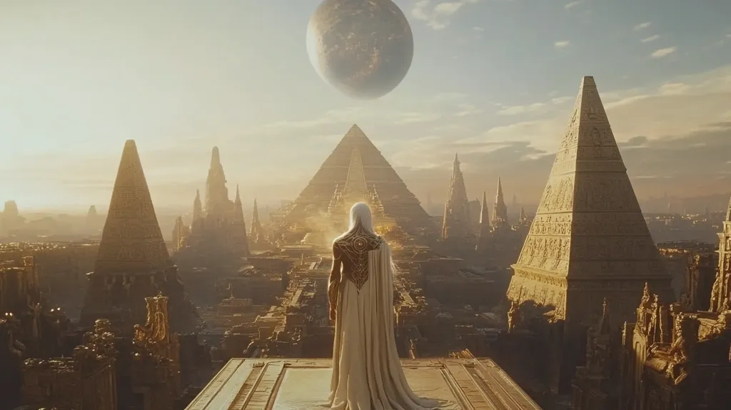 A figure cloaked in white stands on a rooftop, their back to the viewer, gazing at a sprawling futuristic city.  The city is dominated by massive, intricately-detailed pyramids, reminiscent of ancient architecture but with a technologically advanced aesthetic.  A large, pale planet hangs in the sky, bathed in a warm, golden light. The scene evokes a sense of mystery and grandeur, suggesting a blend of ancient and advanced civilizations.