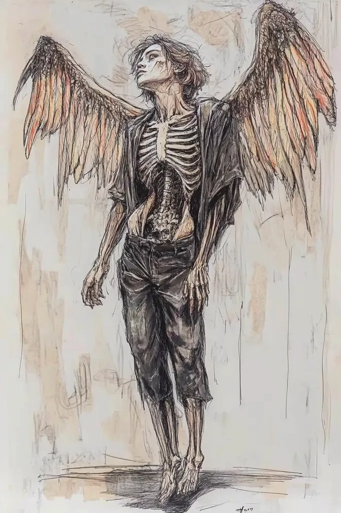The artwork depicts a figure with large, feathered wings, suggesting an angel or similar celestial being.  The figure's torso is strikingly rendered to reveal its ribcage and internal organs, contrasting with its dark clothing.  The style is expressive and detailed, with hatching and cross-hatching creating texture and depth. The overall tone is somber and evocative, possibly exploring themes of mortality or vulnerability. The background is a muted, washed-out palette, drawing focus to the central figure.