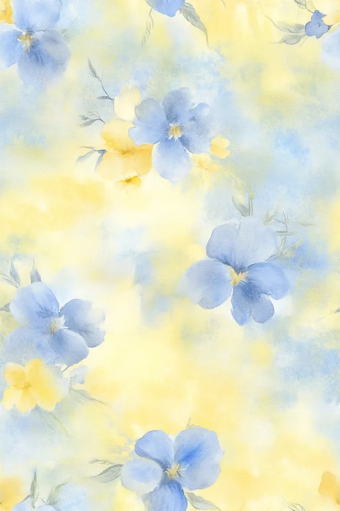 A watercolor painting depicts a soft, pastel floral pattern.  Pale yellow washes create a dreamy background, interspersed with delicate blue and yellow flowers. The blue flowers, possibly pansies or violets, are rendered with soft, blurred edges, giving them a gentle, ethereal quality.  The overall impression is one of serenity and calm, a romantic and gentle floral design. The yellow flowers appear smaller and less prominent, providing a contrasting yet complementary hue to the overall scene.
