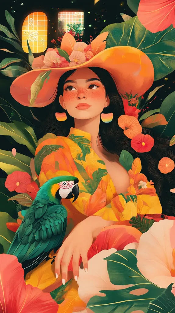 A vibrant illustration depicts a woman with long dark hair, adorned in a large, orange sun hat decorated with flowers.  She wears a yellow floral dress and rests her arm beside a green parrot.  The scene is lush with tropical foliage, large hibiscus flowers in shades of orange and red, and deep green leaves.  A glowing, gridded window is visible in the background, adding a surreal element to the otherwise naturalistic composition. The overall style is a blend of realism and fantasy, rich in color and detail.