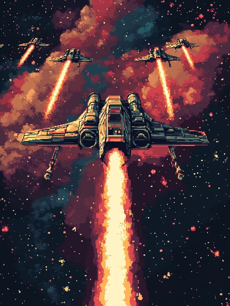 A pixel art depiction of a spaceship squadron in flight through a nebula. The central vessel is large and detailed, with bright exhaust flames trailing behind. Three smaller, similar ships flank it, each also leaving fiery trails. The background is a deep space scene with a swirling, reddish-orange nebula punctuated by distant stars. The overall aesthetic is reminiscent of classic arcade space shooters with a modern color palette.