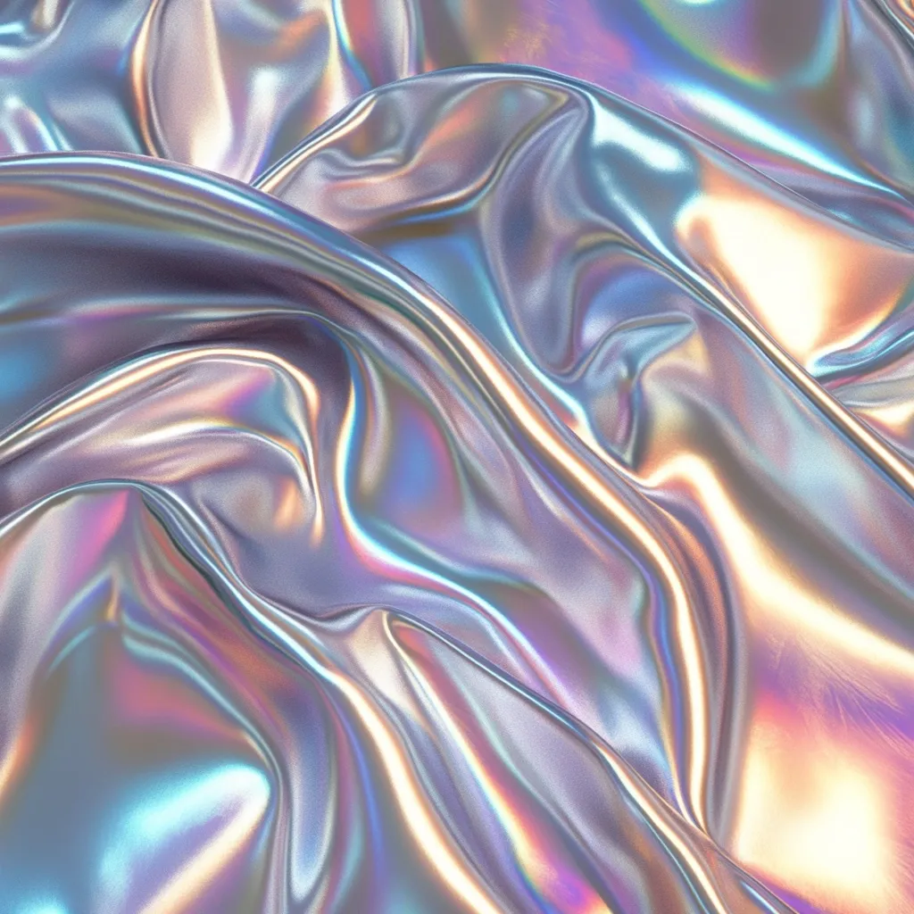 The image shows a close-up view of iridescent fabric, draped in soft folds and waves.  The material's surface shimmers with an ethereal, pearlescent quality, reflecting a spectrum of pastel colors including pinks, blues, and purples.  The light interacts with the fabric, creating a captivating display of highlights and shadows, accentuating the luxurious texture. The overall impression is one of smooth, flowing elegance and otherworldly beauty.