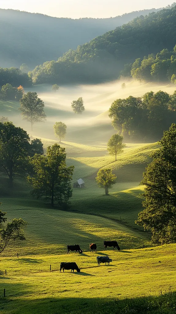 Here is a description of the image:

A picturesque pastoral scene unfolds at sunrise, showcasing rolling green hills bathed in a soft, golden light.  A light mist clings to the valleys, creating an ethereal atmosphere.  Several dark cows graze peacefully in the foreground, adding a touch of rustic charm. Scattered trees dot the landscape, their leaves vibrant against the sunlit hills. In the mid-ground, a small structure, possibly a shed, sits nestled among the trees. The overall impression is one of tranquility and the beauty of rural life.