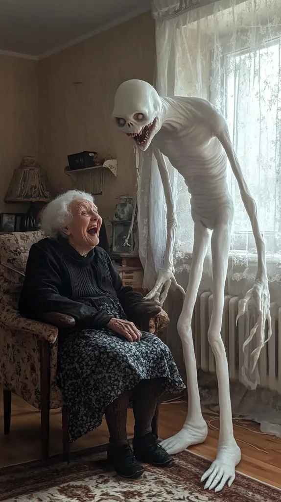An elderly woman sits in a floral armchair, laughing heartily.  Beside her stands a tall, slender, pale creature with an elongated skull and skeletal features, seemingly a fictional being. The setting is a dimly lit, older home with patterned wallpaper and lace curtains at a window. The contrast between the woman's cheerful demeanor and the creature's unsettling appearance creates a surreal and slightly disturbing scene. The image's overall tone is a blend of the uncanny and the humorous.