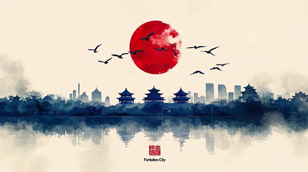 This watercolor-style artwork depicts a serene cityscape, possibly inspired by Beijing.  Three prominent pagodas stand centrally, flanked by a stylized city skyline reflected in calm water.  A large, red sun dominates the upper portion, while several birds fly across the sky.  The overall aesthetic is minimalist and peaceful, employing a limited color palette of blues, reds, and off-whites.  The image is labeled "Forbidden City," suggesting a thematic connection to the famous landmark in Beijing.