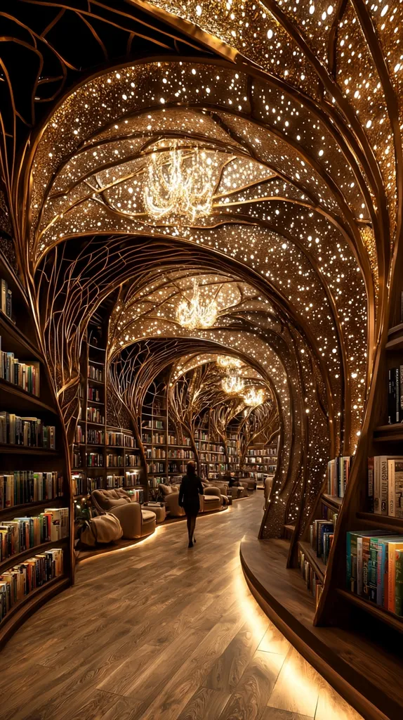 Here is a description of the image:

The image showcases a breathtaking library interior.  Curving wooden bookshelves line a walkway, creating a tunnel-like effect.  The ceiling is a stunning spectacle of intricately designed metalwork, resembling branches, studded with small lights that mimic a starry night sky. Elegant chandeliers hang from the ceiling, adding to the enchanting ambiance.  A single person is seen walking down the center aisle, highlighting the scale and grandeur of the space. The warm lighting and rich wood tones contribute to a feeling of luxury and tranquility.
