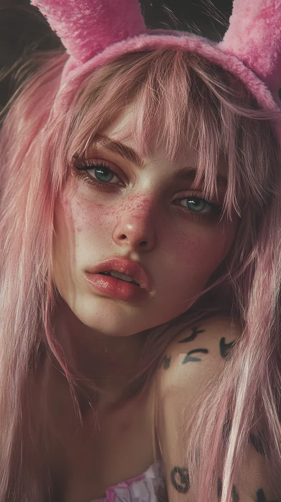 Close-up portrait of a young woman with long, pale pink hair. She's wearing a fluffy pink bunny ear headband.  Her face is softly lit, showcasing freckles and light makeup.  She has green eyes and a gentle expression.  Part of a shoulder tattoo is visible. The overall aesthetic is soft, dreamy, and slightly whimsical.