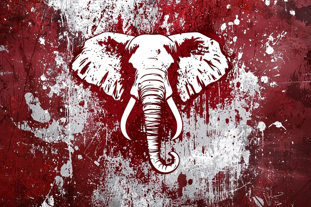 Here's a description of the image:

The image is a stylized depiction of an elephant's head, rendered in white against a deep crimson background. The background has a heavily textured, grunge aesthetic, with splatters and streaks of paint suggesting a distressed or aged surface. The elephant is presented in a bold, graphic style, with detailed lines defining its features, including large ears, prominent tusks, and a textured trunk.  The contrast between the white elephant and the red background is striking, creating a powerful visual impact. The overall effect is gritty and intense, possibly representing a sports team logo or similar themed artwork.