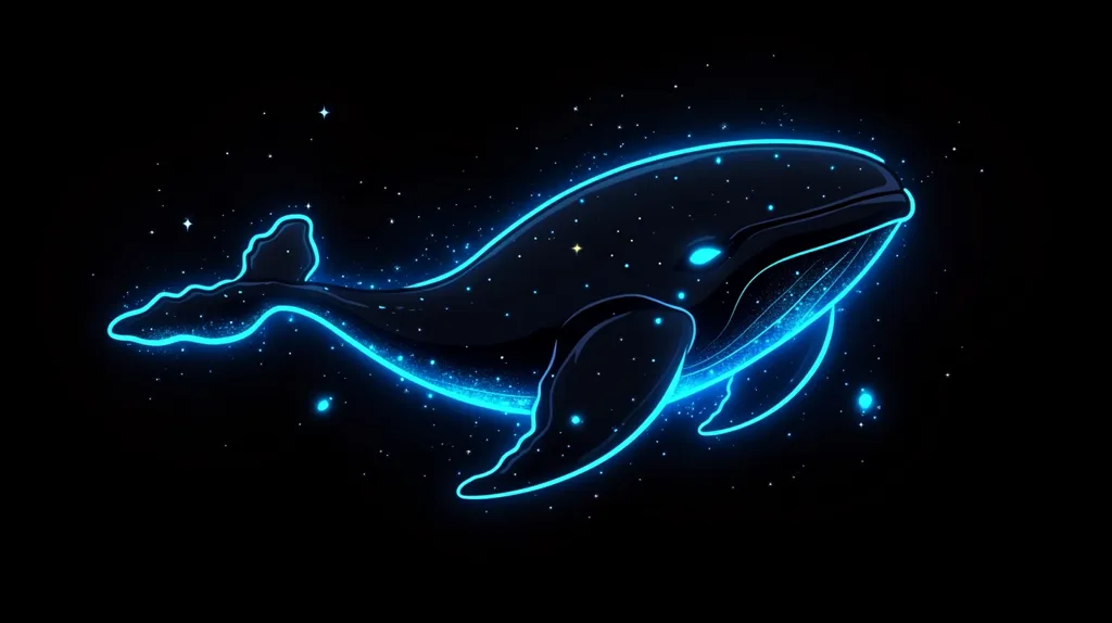 Here's a description of the image:

The image is a stylized depiction of a whale, seemingly composed of dark, cosmic matter, outlined in bright, glowing blue neon. The whale swims against a pitch-black background speckled with tiny, glittering lights, suggesting stars. The blue neon outline creates a sense of movement and energy, contrasting beautifully with the dark whale form. The overall effect is mystical and ethereal, like a celestial whale swimming through the night sky.