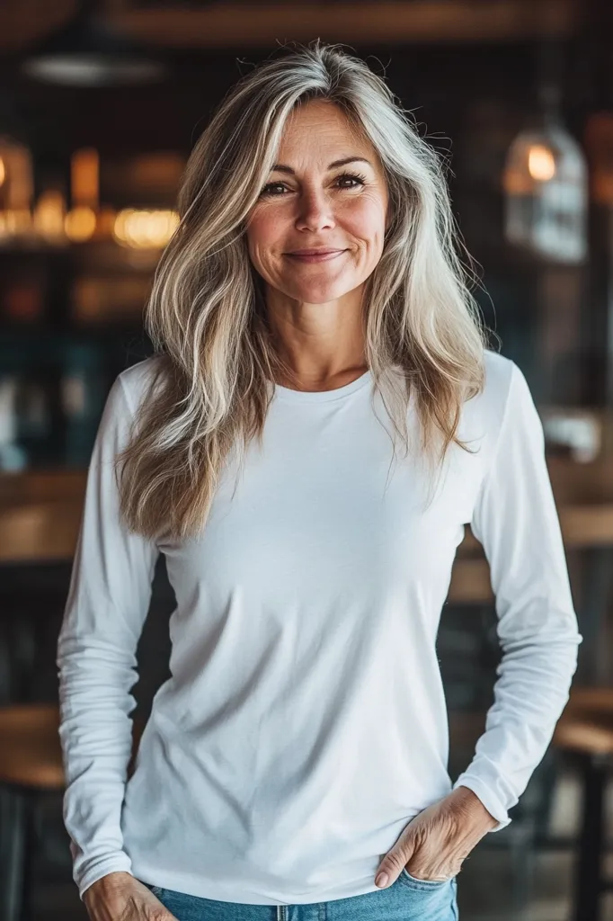 A middle-aged woman with long, wavy gray and blonde hair smiles confidently at the camera.  She's wearing a simple, white long-sleeved shirt and blue jeans, her hands casually in her pockets. The background is blurred, suggesting a cozy, indoor setting possibly a cafe or restaurant, with warm lighting and out-of-focus furniture. Her expression is relaxed and approachable.