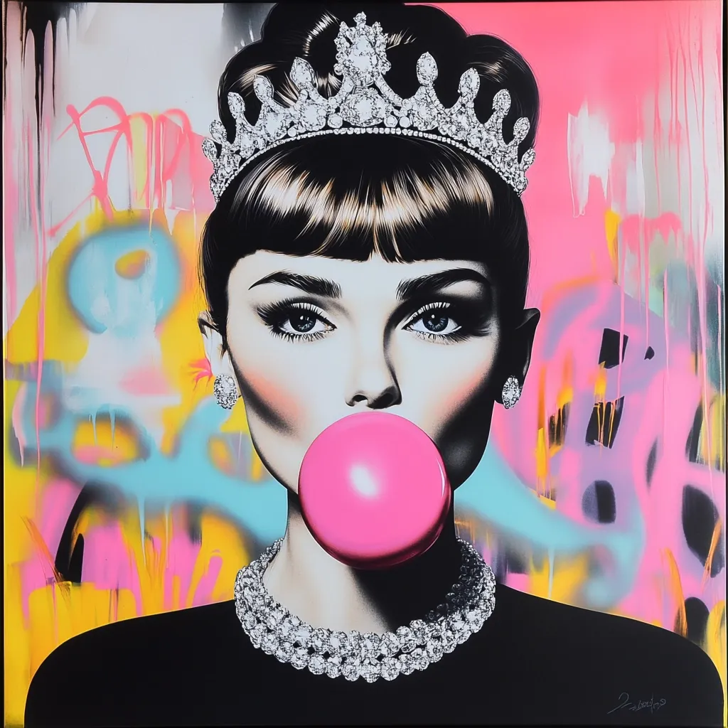 Here's a description of the image:

The artwork depicts a stylized Audrey Hepburn, reminiscent of her iconic Breakfast at Tiffany's look. She wears a diamond tiara and necklace, and is shown blowing a large, bright pink bubblegum.  The background is a vibrant, abstract spray-painted design in shades of pink, teal, and yellow, creating a striking contrast with the black and white portrait style of Hepburn's image. The overall style blends classic Hollywood glamour with modern street art aesthetics. The juxtaposition of elegance and urban grit creates a bold and visually compelling piece.