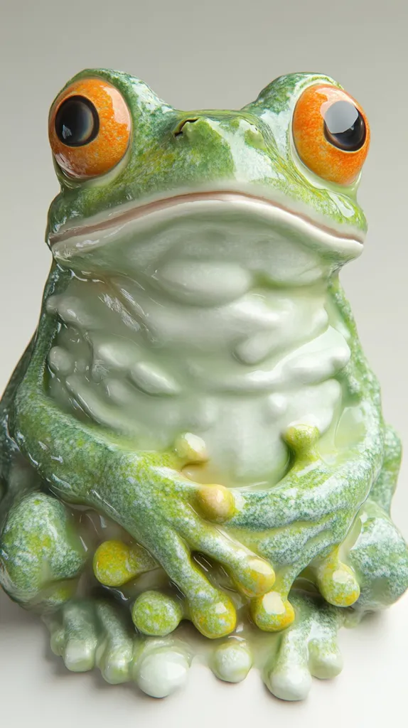 Here's a description of the image:

Close-up view of a ceramic frog figurine. The frog is depicted in a seated position, with its arms folded across its body.  Its skin is a mottled green and yellowish-green, giving a realistic texture.  The eyes are large and prominent, with orange irises and black pupils, adding expressiveness. The figurine has a glossy finish, enhancing its vibrant colors and three-dimensional form. The overall style is realistic yet slightly stylized, capturing the amphibian's essence.