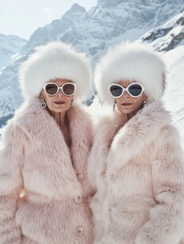 Two elderly women, identical in appearance, stand against a snowy mountain backdrop.  They are dressed in matching pale pink fur coats and white fur hats, accessorized with white oval sunglasses and small earrings.  Their expressions are serious, and they appear to be twins or sisters, creating a striking and symmetrical image. The overall aesthetic is one of elegance and winter sophistication.