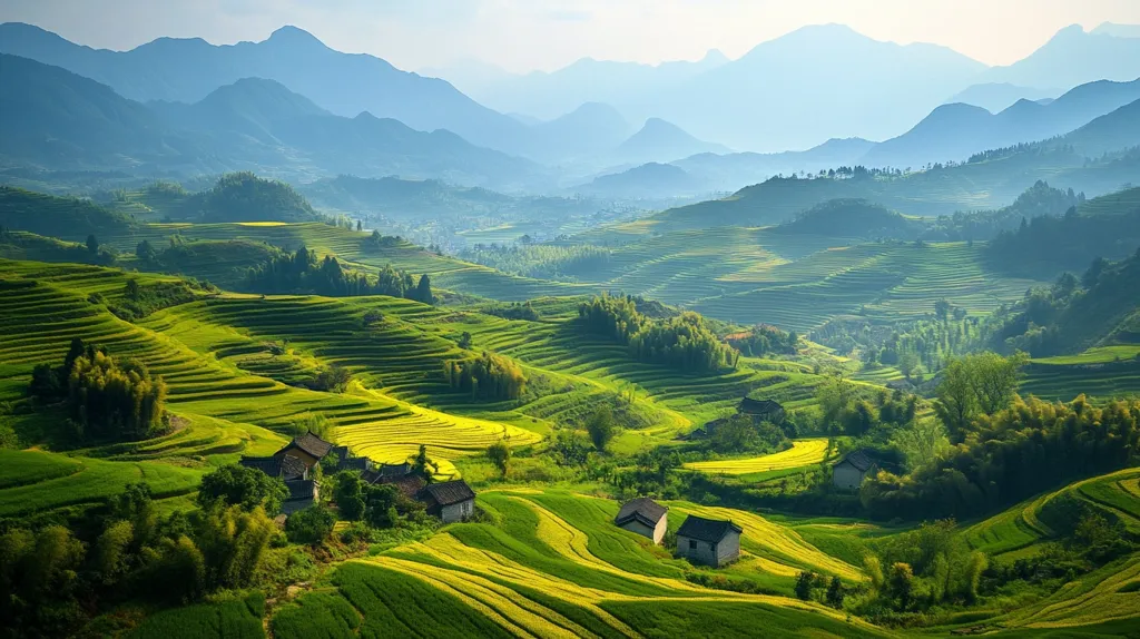 A breathtaking panorama unfolds, showcasing verdant terraced rice paddies cascading down rolling hills.  Small, traditional houses dot the landscape, nestled amongst lush greenery.  In the distance, hazy blue mountains create a dramatic backdrop under a soft, bright sky. The scene evokes a sense of tranquility and the harmony between human settlement and nature.  The vibrant green and yellow hues of the crops are striking against the muted blues of the mountains.