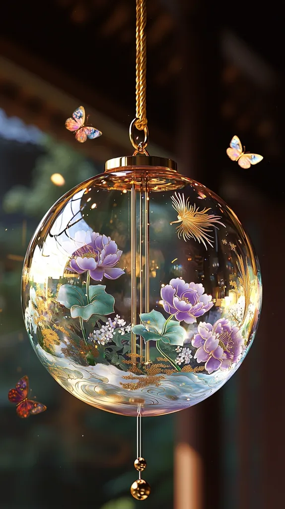Here's a description of the image:

A delicate, spherical glass ornament hangs from a gold cord, adorned with hand-painted purple peonies, gold accents, and a subtle wave pattern at its base.  Butterflies flutter around the ornament, adding to its ethereal quality. The glass is translucent, allowing light to filter through, highlighting the floral details.  The overall aesthetic is elegant, reminiscent of Asian-inspired art, with a sense of delicate beauty and tranquility. Small golden beads dangle below the sphere, completing the whimsical yet sophisticated design.