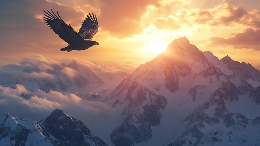 A majestic eagle soars through a vibrant sunset sky above a breathtaking panorama of snow-capped mountains.  The sun, a radiant orb, bathes the peaks in warm, golden light, casting long shadows and highlighting the rugged texture of the terrain.  Clouds swirl below, creating a dramatic and ethereal atmosphere. The image evokes a sense of freedom, power, and the awe-inspiring beauty of nature.