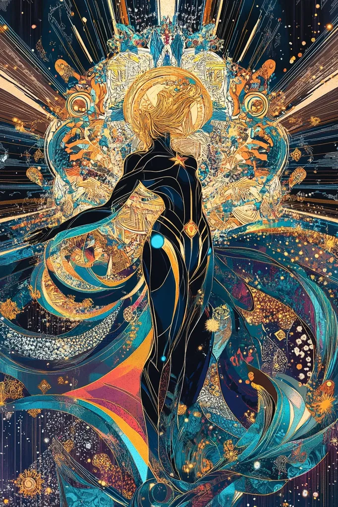 The artwork depicts a stylized female figure, possibly a goddess or celestial being, rendered in dark blues, golds, and oranges.  She is centrally positioned, her form outlined in gold against a swirling, cosmic backdrop. The background is a vibrant mix of abstract patterns, textures, and celestial elements, suggesting a universe or galaxy.  The figure’s pose and flowing garment-like form contribute to a feeling of ethereal power and movement within the complex, richly detailed design.  The overall impression is one of mystical grandeur and cosmic energy.