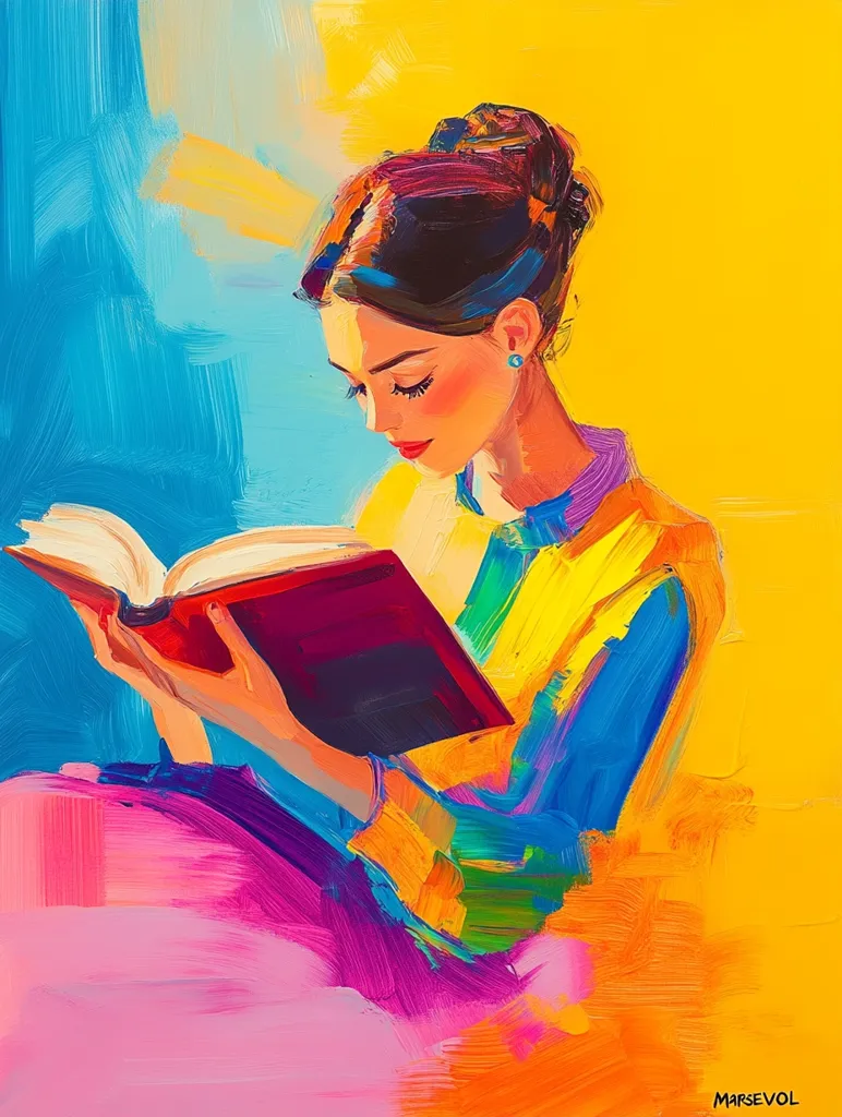 Here's a description of the image:

The vibrant painting depicts a young woman, her dark hair styled in an updo, engrossed in reading a book.  She's captured from the chest up, her expression serene and focused.  Her clothing is a whirlwind of bright yellow, blue, and pink brushstrokes, mirroring the energetic style of the background. The book itself is a deep crimson, standing out against the colorful clothing and setting. The artist's use of thick, impasto brushstrokes creates a dynamic texture, giving the painting a lively and expressive quality. The overall color palette is bold and joyful, a mix of sunny yellows, bright blues, and playful pinks.