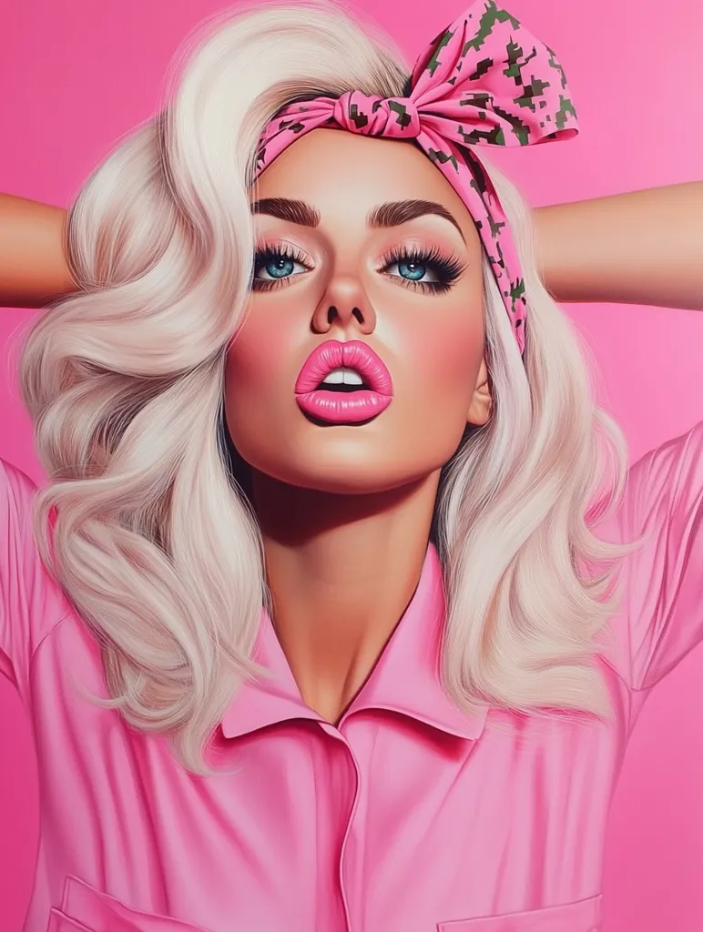 Here's a description of the image:

The illustration showcases a glamorous woman with platinum blonde, voluminous hair styled in soft waves. She's wearing a vibrant pink collared shirt and a pink bandana adorned with a camouflage pattern tied in a bow atop her head.  Her makeup is dramatic, featuring bright pink lipstick and defined eyes with long lashes. The background is a solid, matching pink, creating a visually striking, monochromatic effect. The overall style is hyperrealistic, emphasizing smooth skin and detailed textures.  The pose is relaxed, with arms resting behind her head, yet exudes confidence and allure.