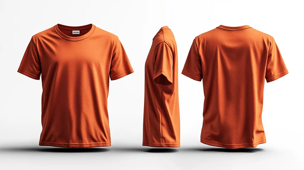 Here's a description of the image:

The image shows three views of a burnt orange, short-sleeved t-shirt displayed against a stark white background.  One view presents the front, another the back, and a third shows the side profile.  The shirt appears to be made of a smooth, possibly cotton material, and the color is a consistent, rich orange. The images are clean and well-lit, suggestive of a product catalog or mockup.  The simple presentation highlights the shirt's design and color.