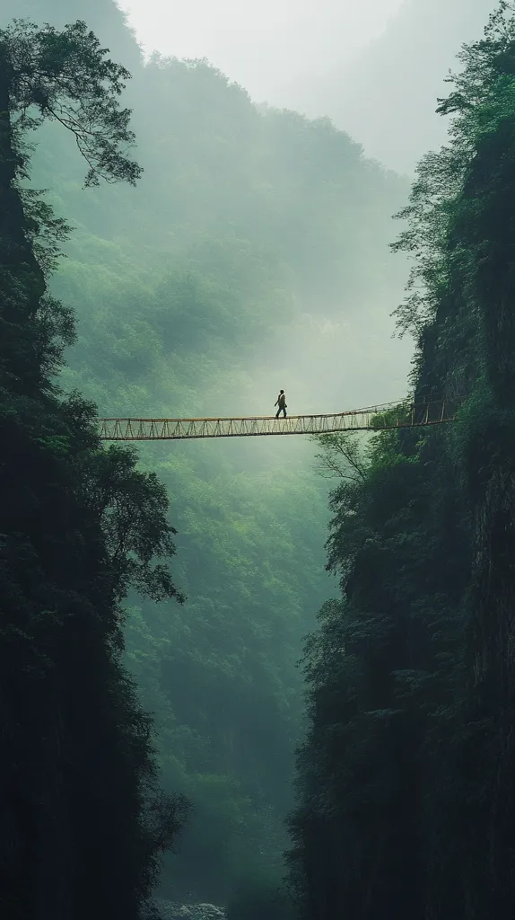 A lone figure walks across a suspension bridge spanning a misty, verdant gorge.  Towering, dark green cliffs rise on either side, their lush foliage shrouded in a soft, ethereal fog. The bridge, a simple structure of wood and rope, stretches between the cliffs, offering a precarious yet captivating pathway through the dramatic landscape.  The overall mood is serene and somewhat mysterious, emphasizing the isolation of the walker and the grandeur of the natural environment.