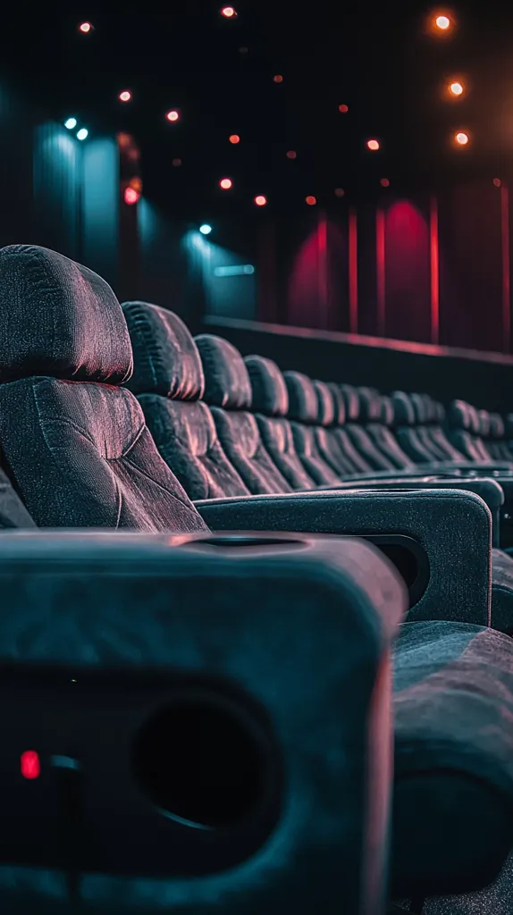 Here's a description of the image:

The image shows a row of plush, dark teal movie theater seats bathed in a moody, dimly lit atmosphere. The seats are reclined, suggesting comfort and luxury.  The theater's ceiling is visible, featuring scattered red and teal lights creating a dramatic contrast. The overall ambiance is one of sophisticated relaxation, hinting at a premium cinematic experience. The focus is sharply on the seats in the foreground, with the background gently blurring into the dimly lit theater space.