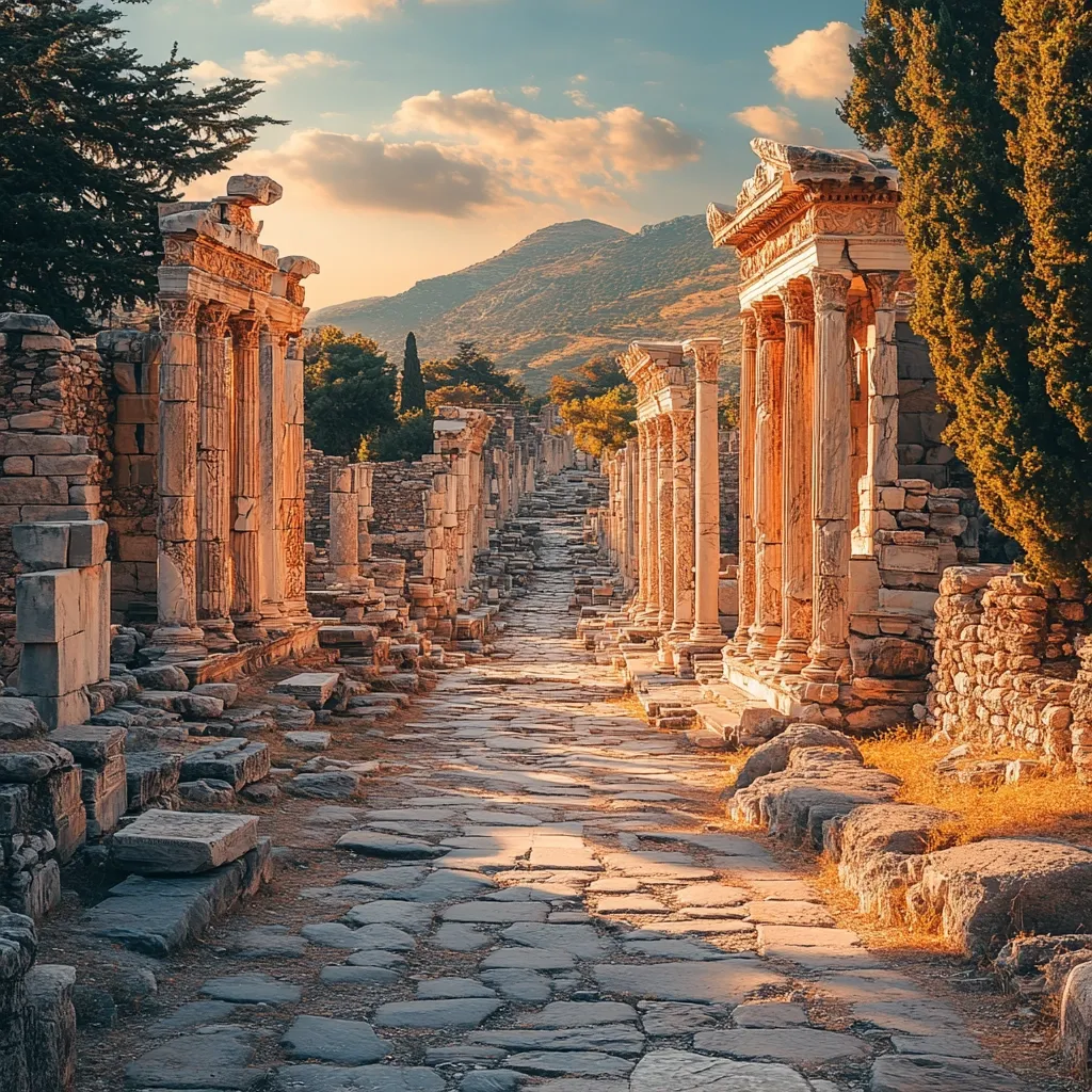 Here's a description of the image:

The photograph captures a sun-drenched, ancient stone street, likely within the ruins of Ephesus or a similar classical site.  The road, paved with uneven, aged stones, is flanked by crumbling marble columns and walls, remnants of grand structures.  The warm, golden light of either sunrise or sunset casts long shadows, emphasizing the texture and age of the ruins.  A backdrop of rolling hills under a partly cloudy sky completes the scene, creating a serene yet historically significant atmosphere. The overall impression is one of timeless beauty and the passage of history.