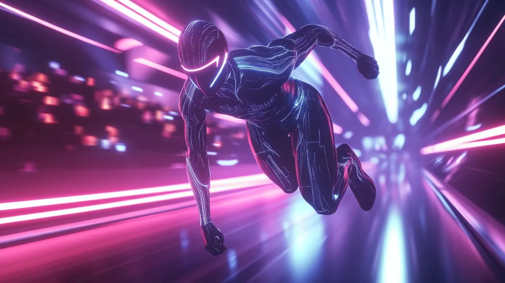 A futuristic, bioluminescent humanoid figure sprints through a neon-lit tunnel.  The figure's form is outlined with glowing lines, suggesting a digital or cybernetic structure. Pink and blue neon streaks radiate from the background, creating a dynamic, high-speed effect.  The overall scene is vibrant and evokes a sense of rapid movement and advanced technology.